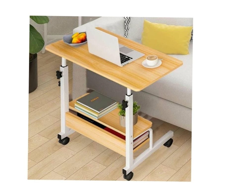 Adjustable Laptop Desk with 2 Shelves with Wheels - Brown