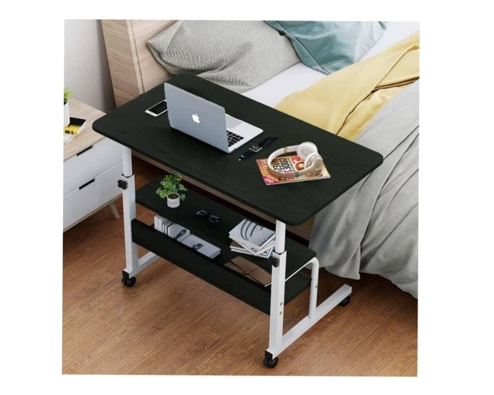 Adjustable Laptop Desk with 2 Shelves with Wheels - black