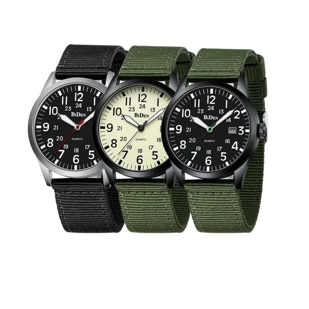 BIDEN Waterproof Quartz Watch for Men – Alloy Case, Nylon Strap & Calendar Function