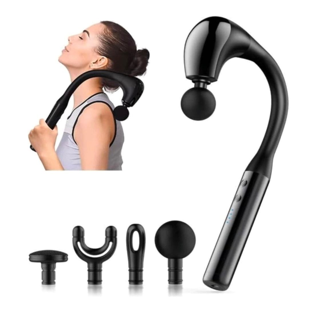 Deep Tissue Handheld Massage Gun with Curved Handles – 4 Heads, 5 Speeds, Full-Body Massager