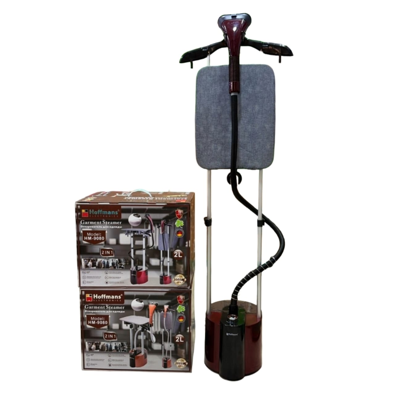 Hoffman double stand garment steamer with an ironing board