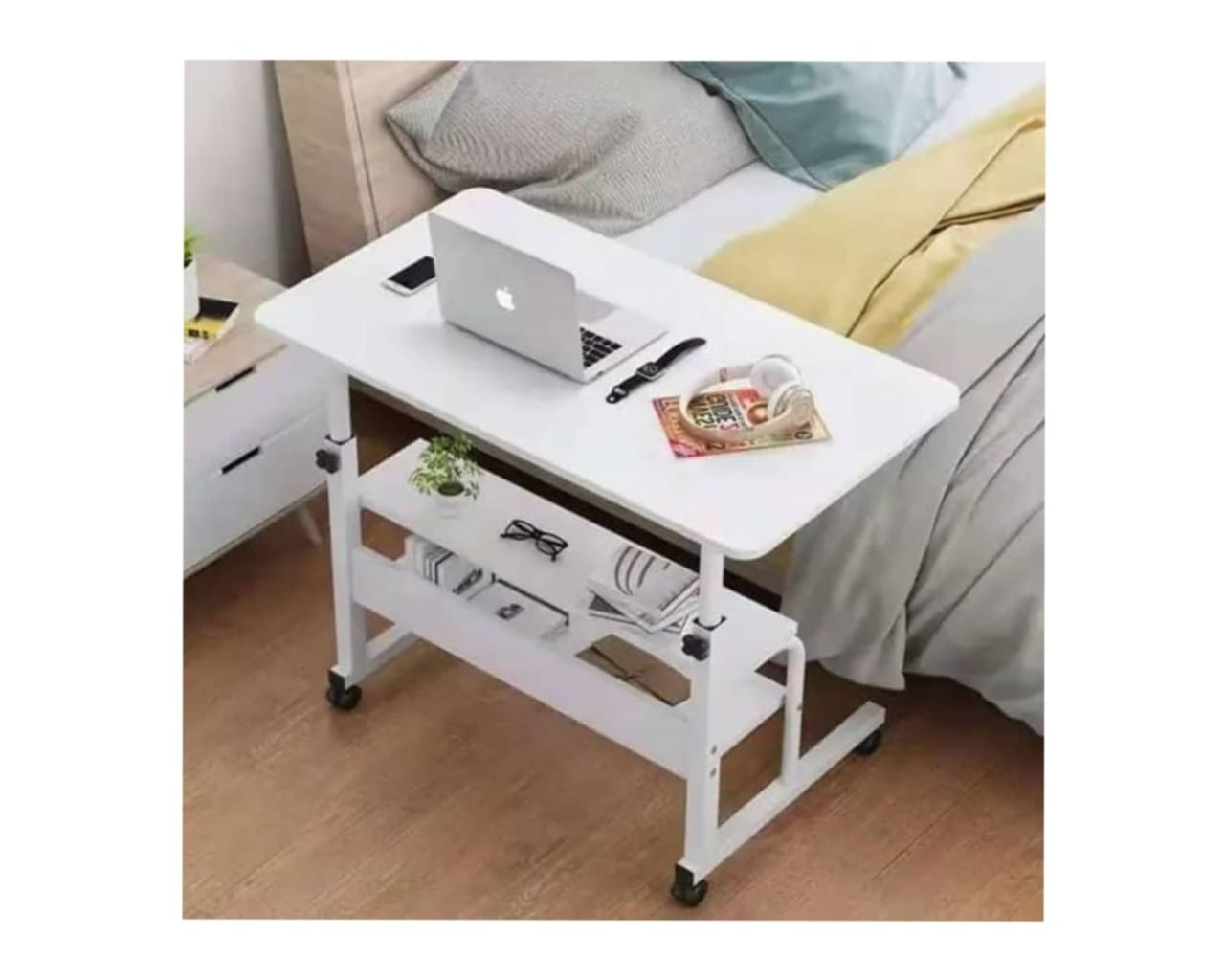 Adjustable Laptop desks with 2 shelves and wheels | White