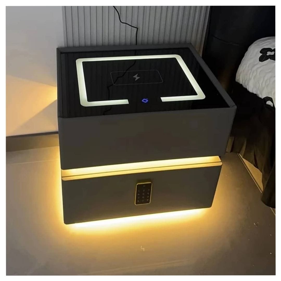 Smart Bedside Table with Bluetooth Speakers, Wireless Charger, LED Lights and smart Lock