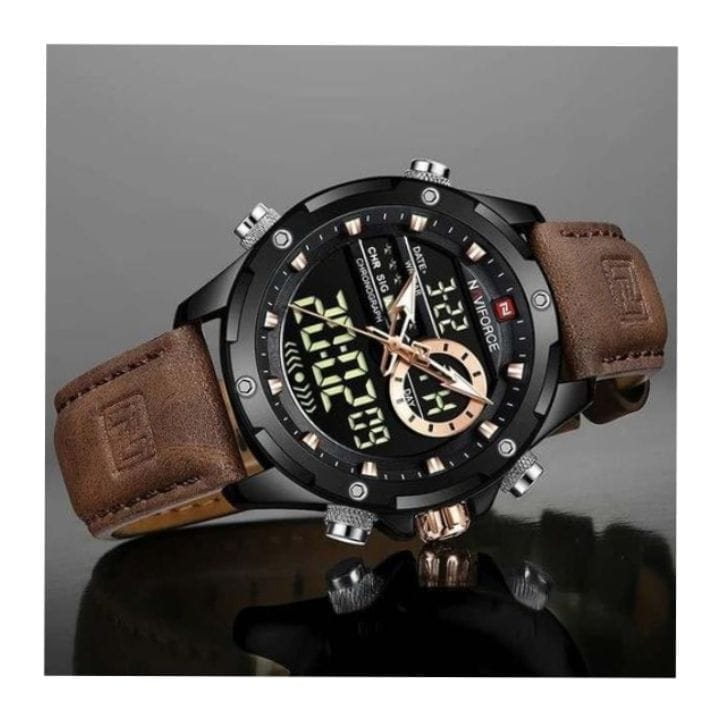 Naviforce Sport Watch-Brown Leather Dual Display