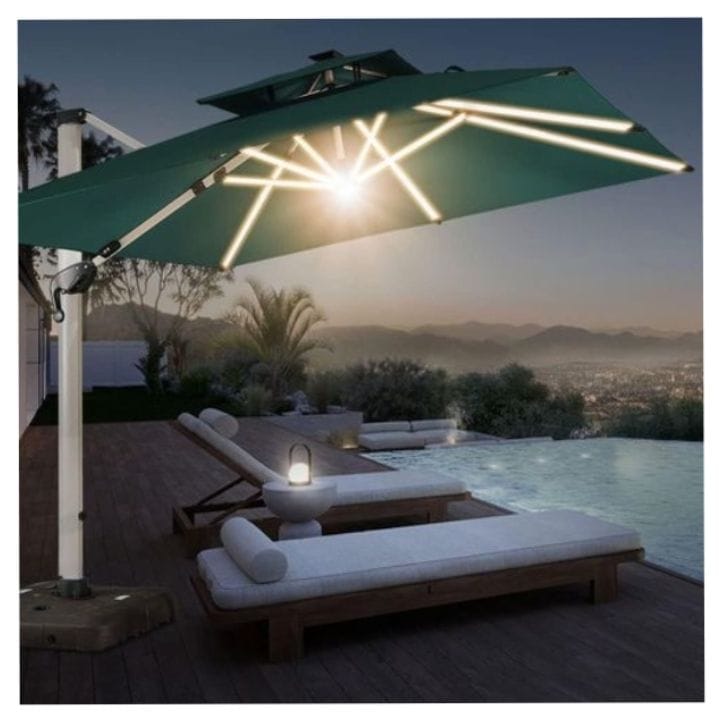 Adjustable Umbrella (canvas material) with stand, Base and solar lights